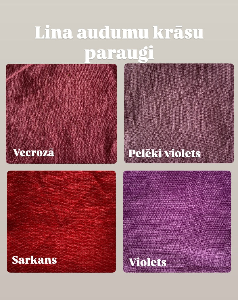 Lina auduma krāsu paraugi: sarkans, violets, vecrozā, pelēki violets