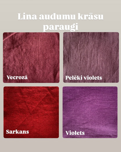 Lina auduma krāsu paraugi: sarkans, violets, vecrozā, pelēki violets