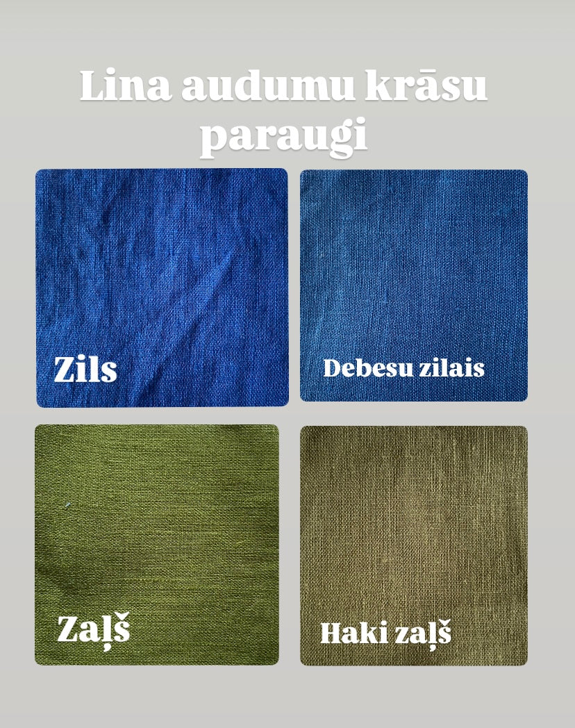Lina auduma paraugi: zila, debesu zils, zaļš, haki zaļš
