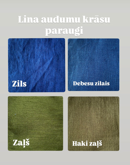 Lina auduma paraugi: zila, debesu zils, zaļš, haki zaļš