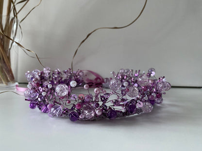 Stikla pērļu kronis lavandas violetos toņos